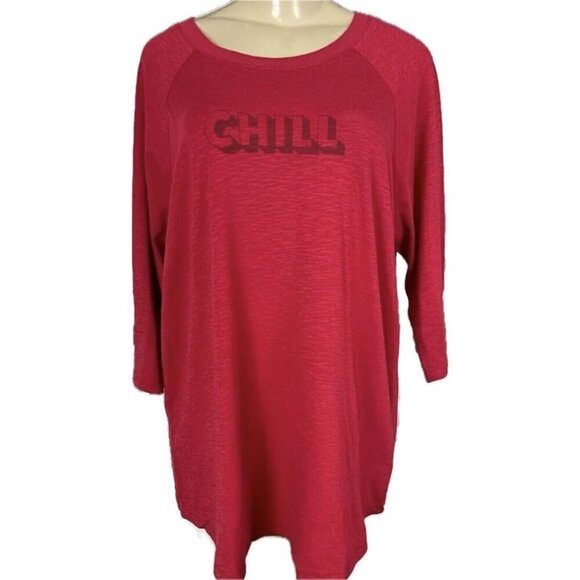 Torrid +2 Red Heather Chill Slogan Crew Neck Cotton Blend 3/4 Raglan Sleeve Tee - Picture 2 of 6